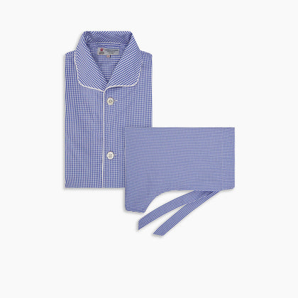 Mid Blue Gingham Check Piped Cotton Pyjama Set Image 4