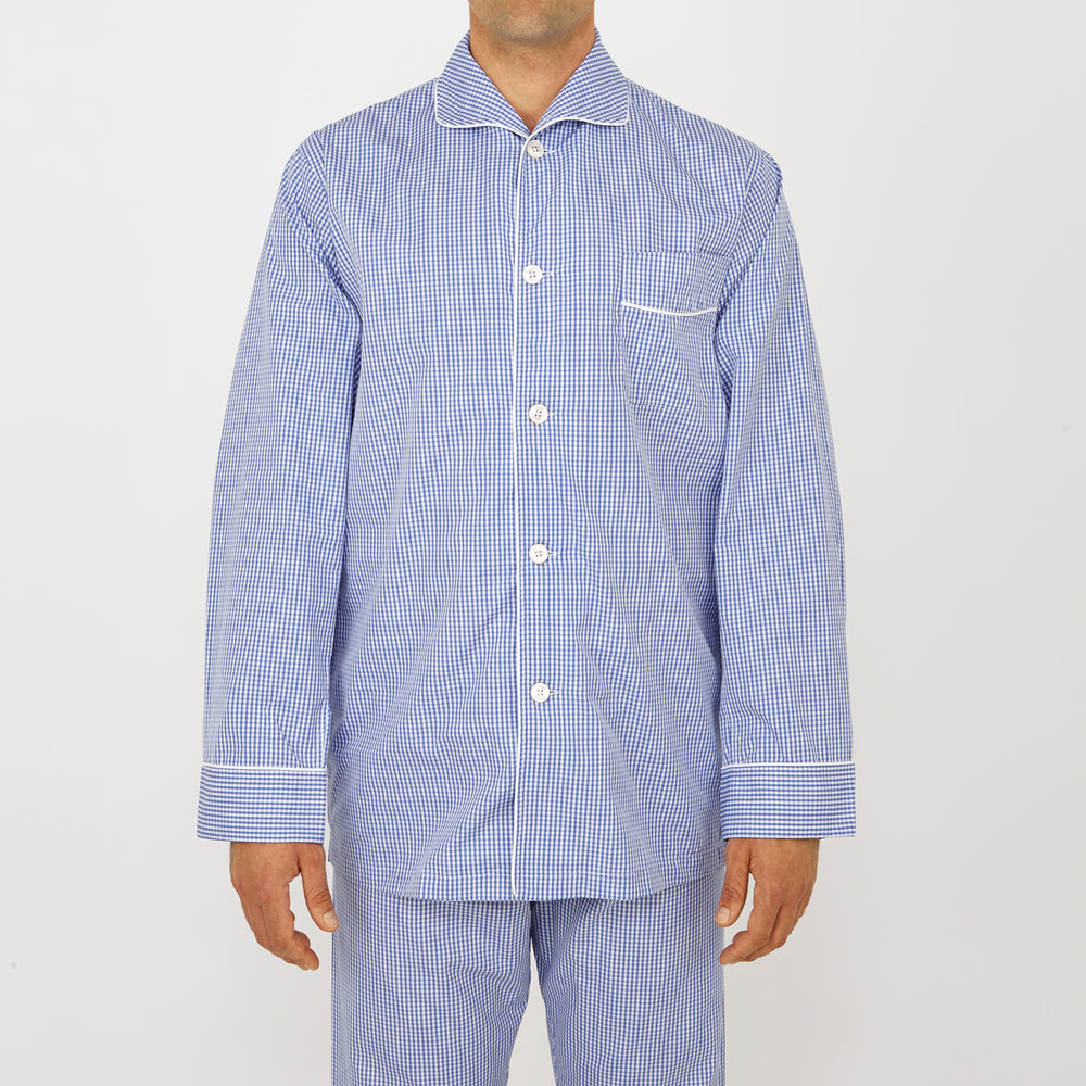 Mid Blue Gingham Check Piped Cotton Pyjama Set