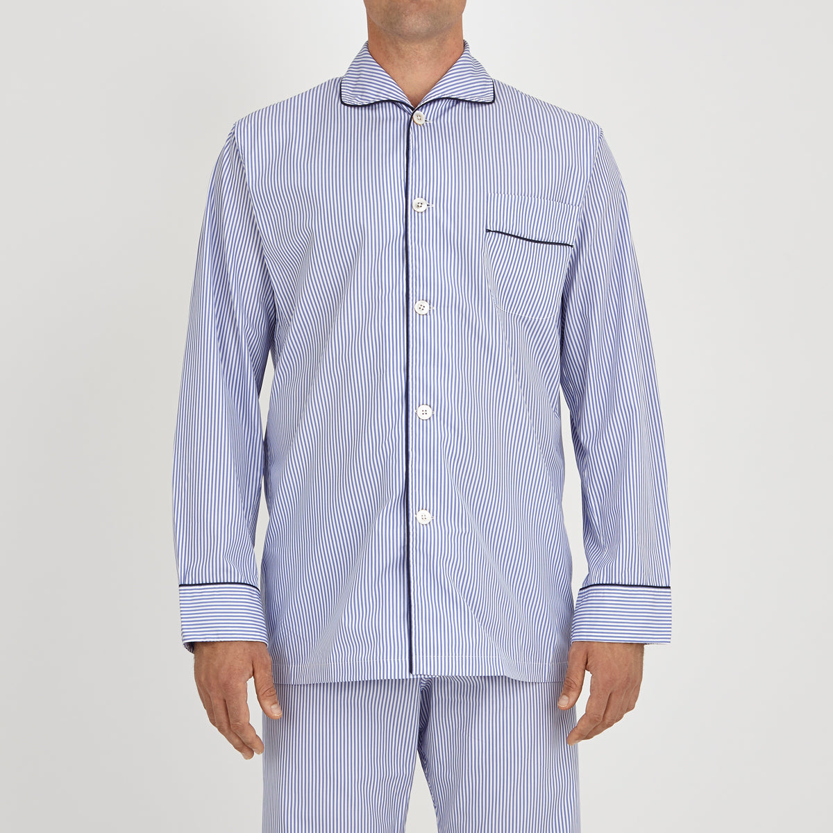View 2 of product Blue Bengal Stripe Piped Cotton Pyjama Set