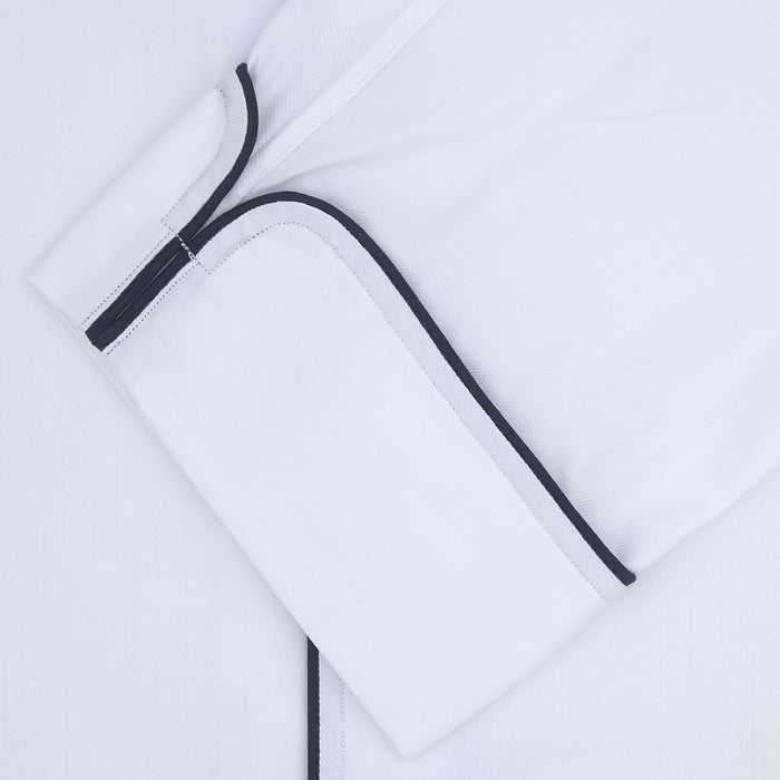 White Herringbone Piped Superfine Cotton Pyjama Set Image 1
