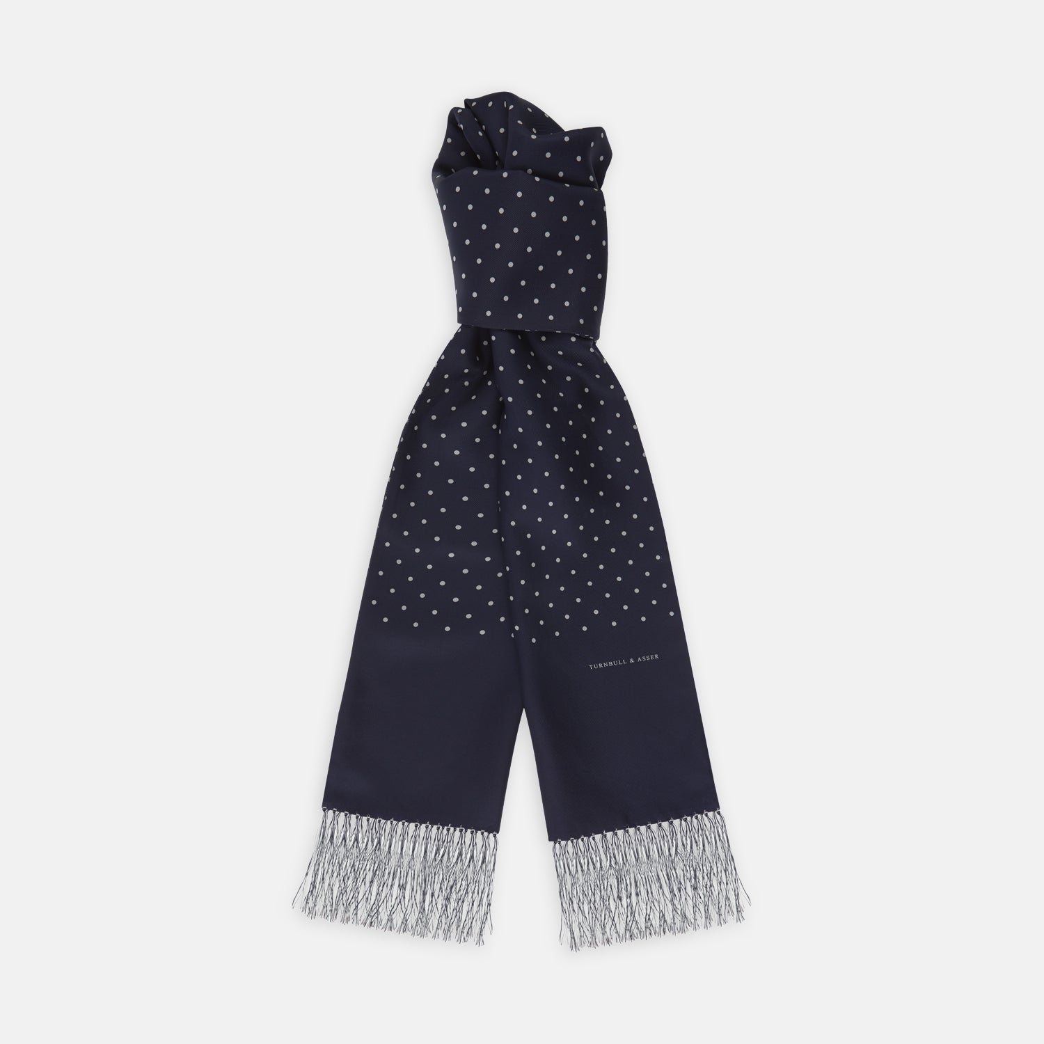 View 1 of product Navy and White Spotted Silk Scarf with Fringes