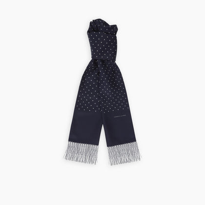 Navy and White Spotted Silk Scarf with Fringes Image 2