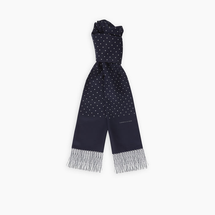 Navy and White Spotted Silk Scarf with Fringes Image 2