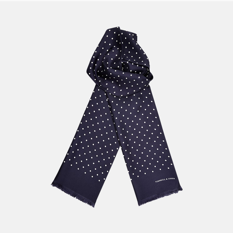 Navy and White Spotted Silk Scarf