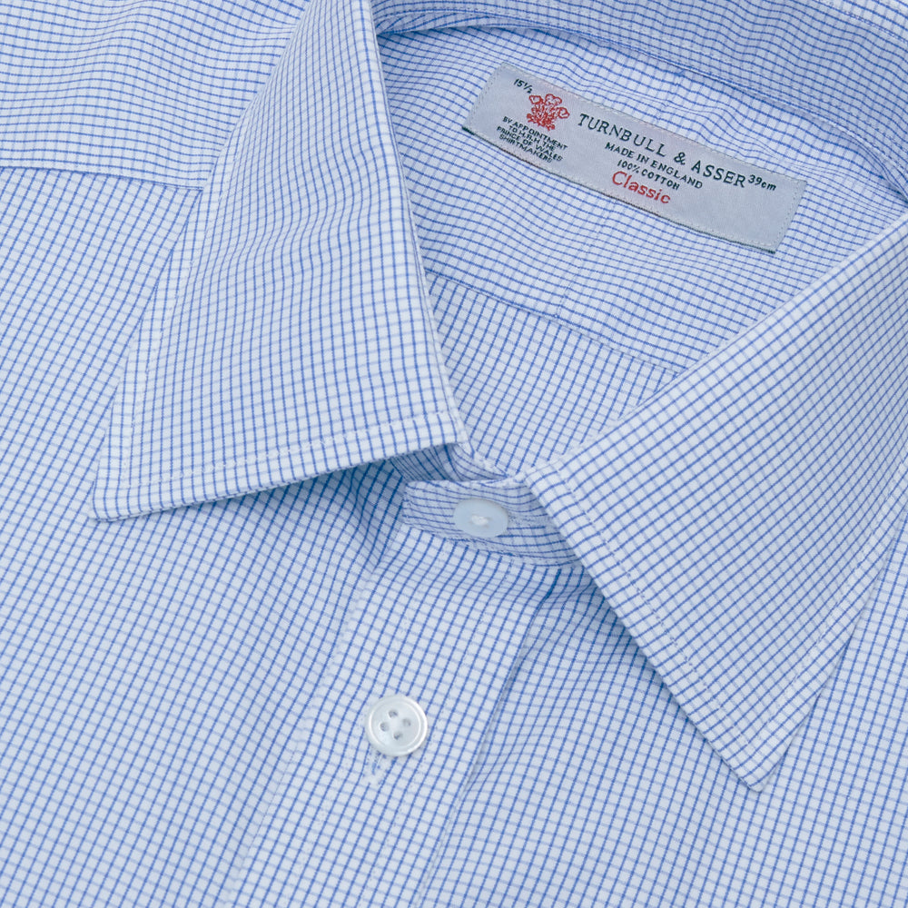 Blue Grid Check Shirt with T&amp;A Collar and 3-Button Cuffs
