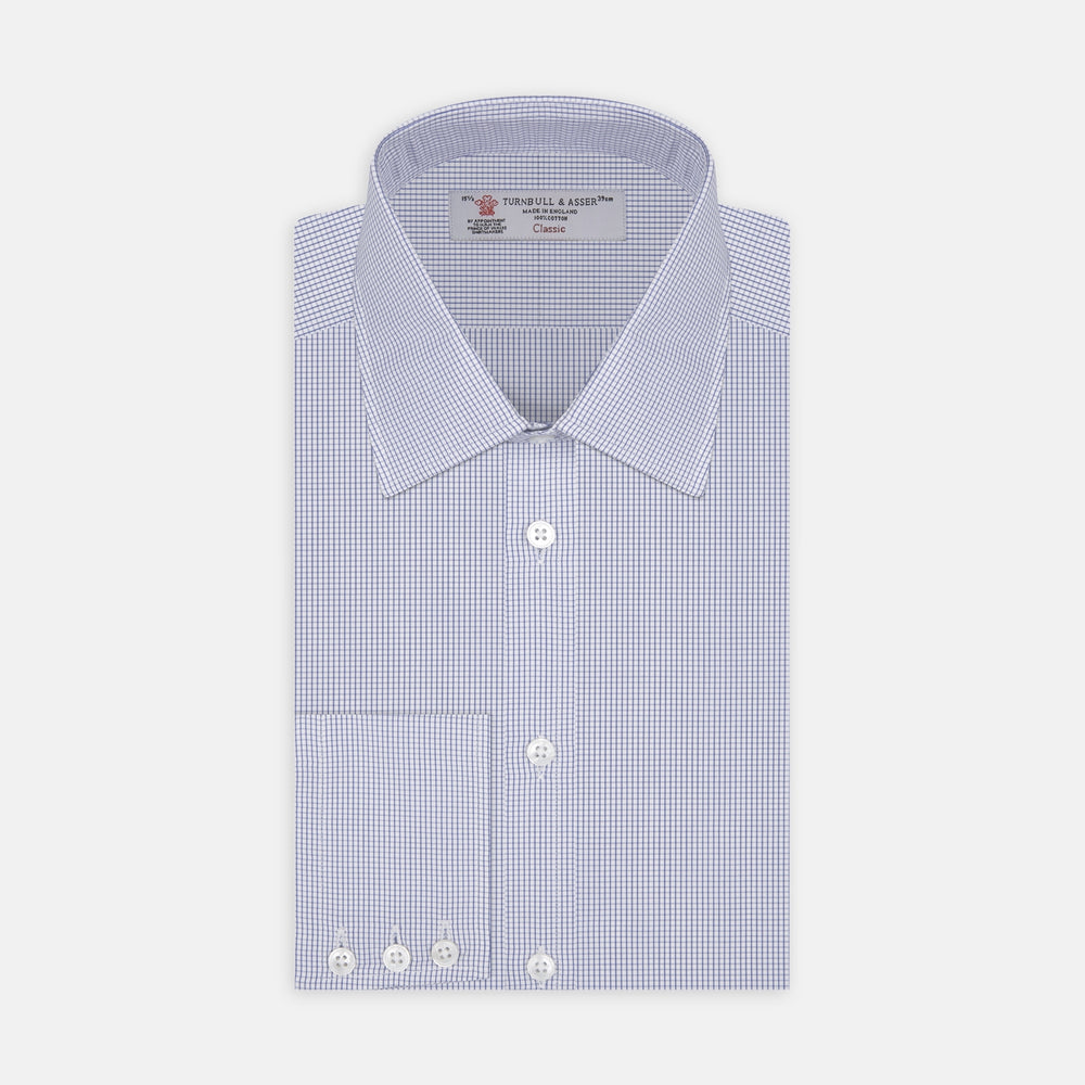 Blue Grid Check Shirt with T&amp;A Collar and 3-Button Cuffs