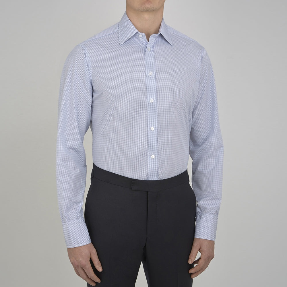 Blue Grid Check Shirt with T&amp;A Collar and 3-Button Cuffs