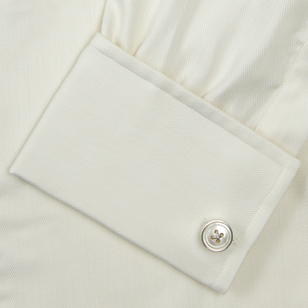 Cream Herringbone Superfine Cotton Shirt with T&A Collar and Double Cuffs