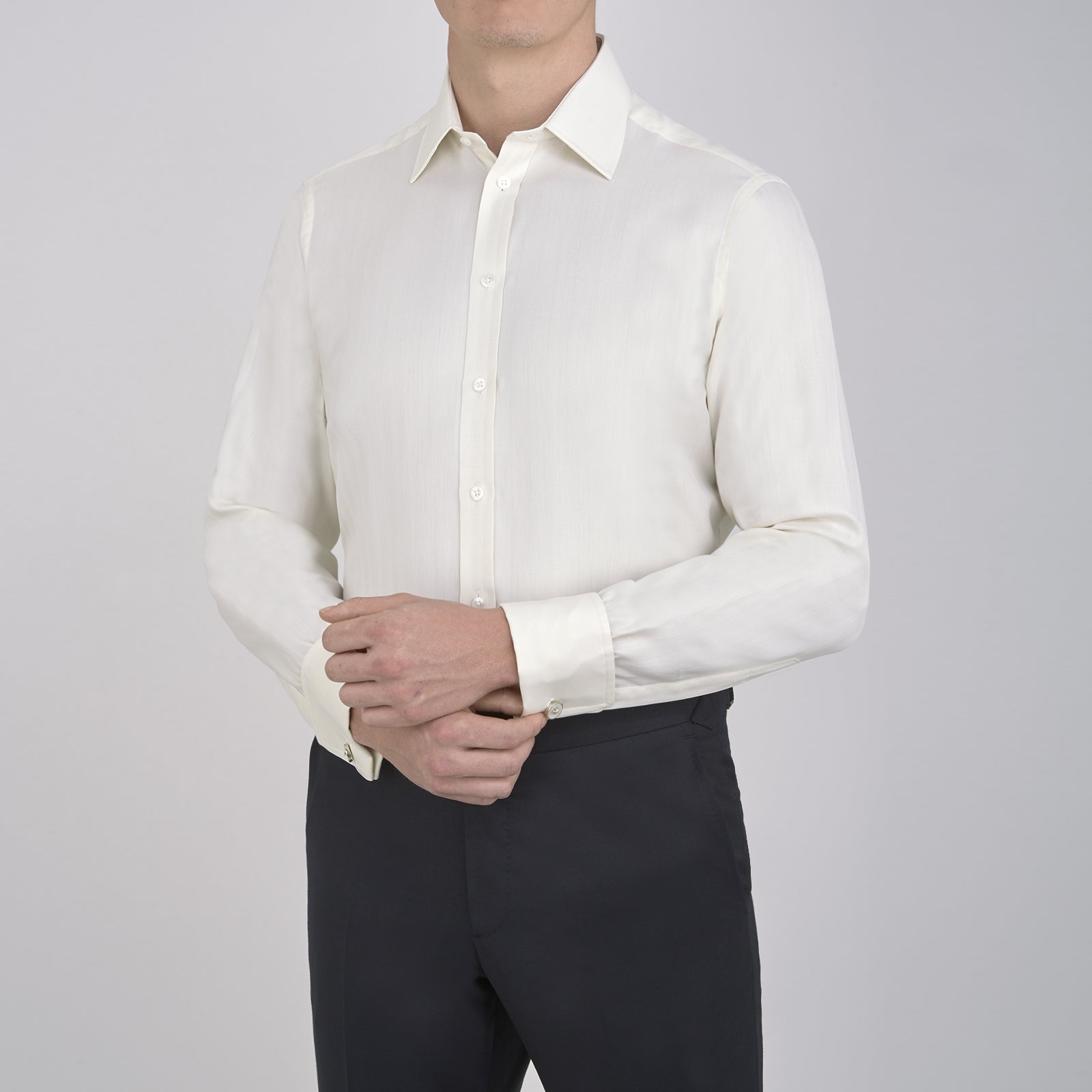 View 2 of product Cream Herringbone Superfine Cotton Shirt with T&A Collar and Double Cuffs