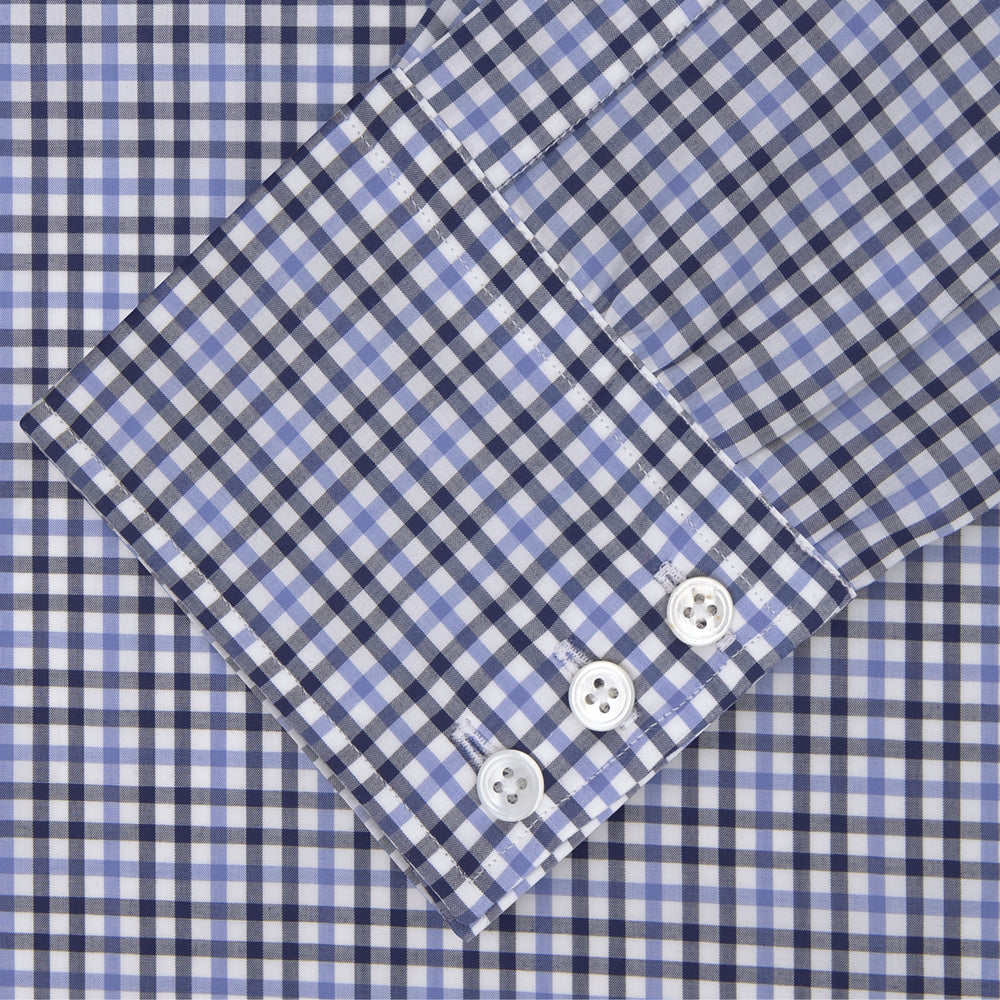 Light Blue and Navy Gingham Check Cotton Shirt with T&A Collar and 3-Button Cuffs
