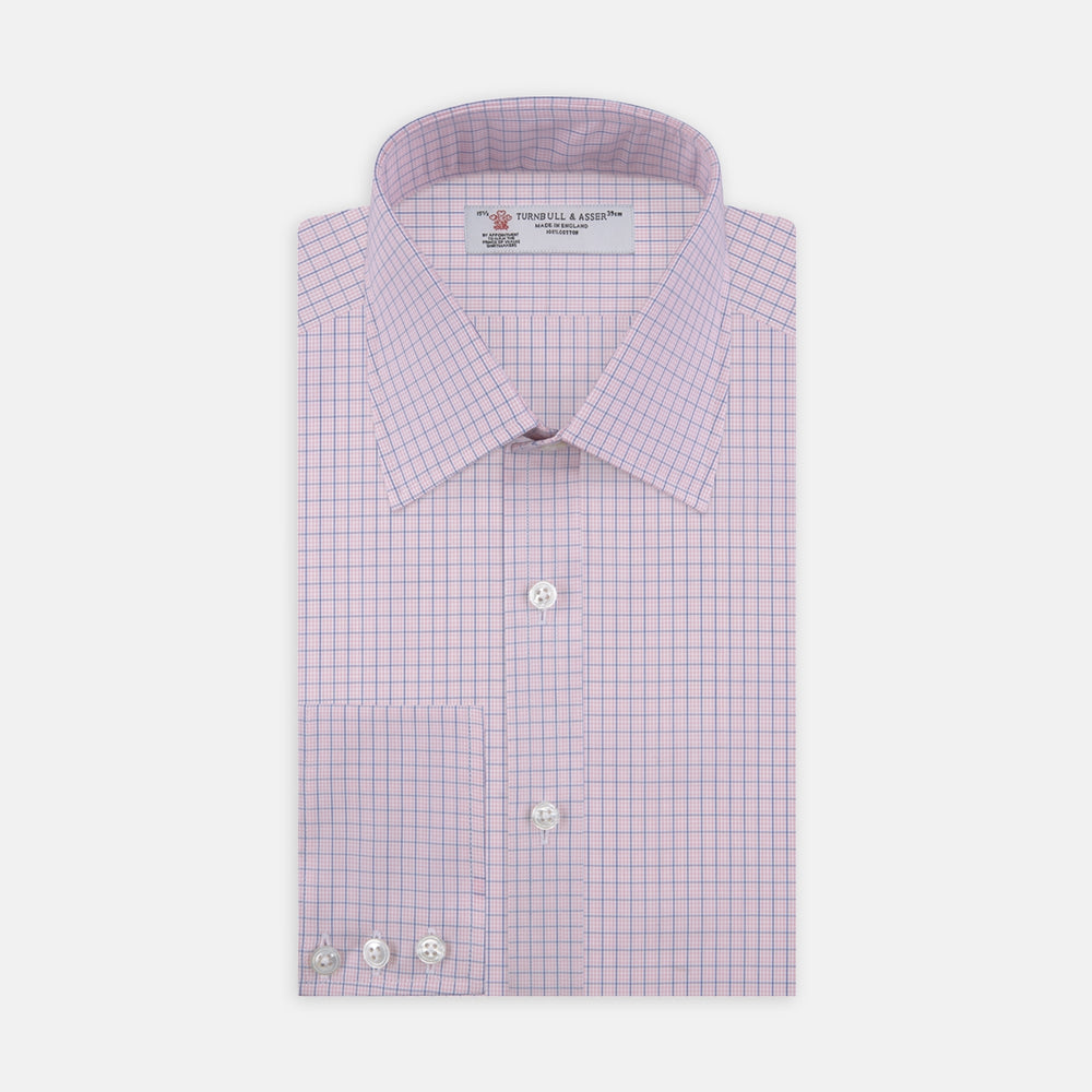 Pink and Navy Windowpane Check Shirt with T&A Collar and 3-Button Cuffs