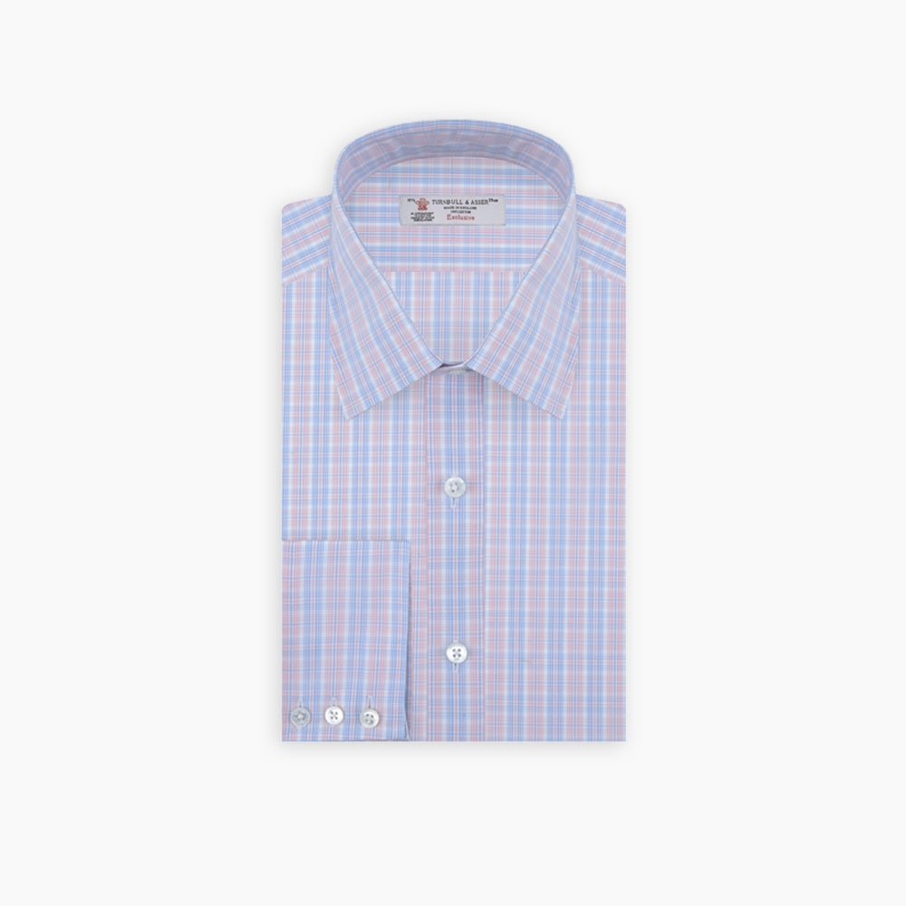 Pink, Blue and White Business Plaid Check Shirt with Classic T&A Collar and 3-Button Cuffs