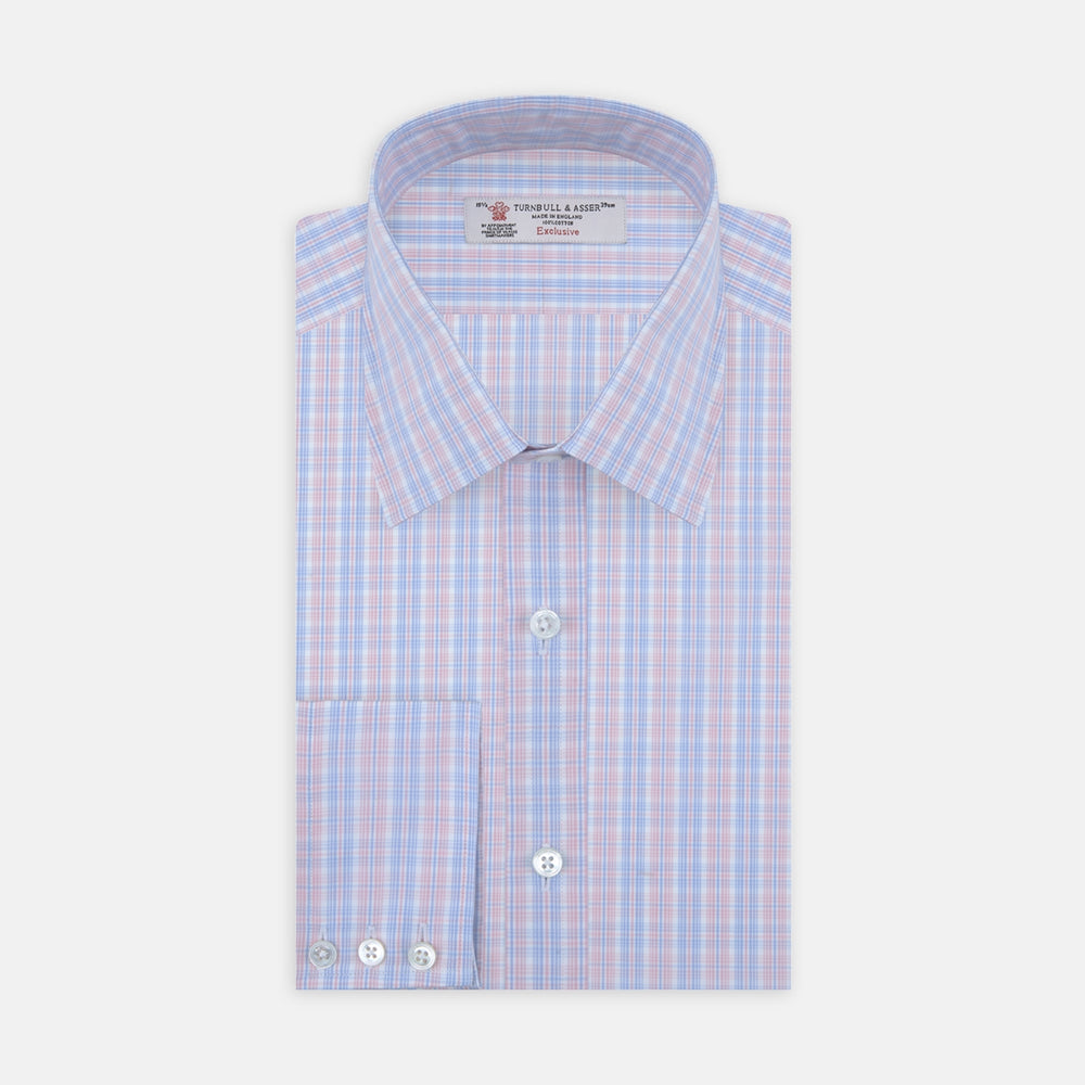 Pink, Blue and White Business Plaid Check Shirt with Classic T&A Collar and 3-Button Cuffs
