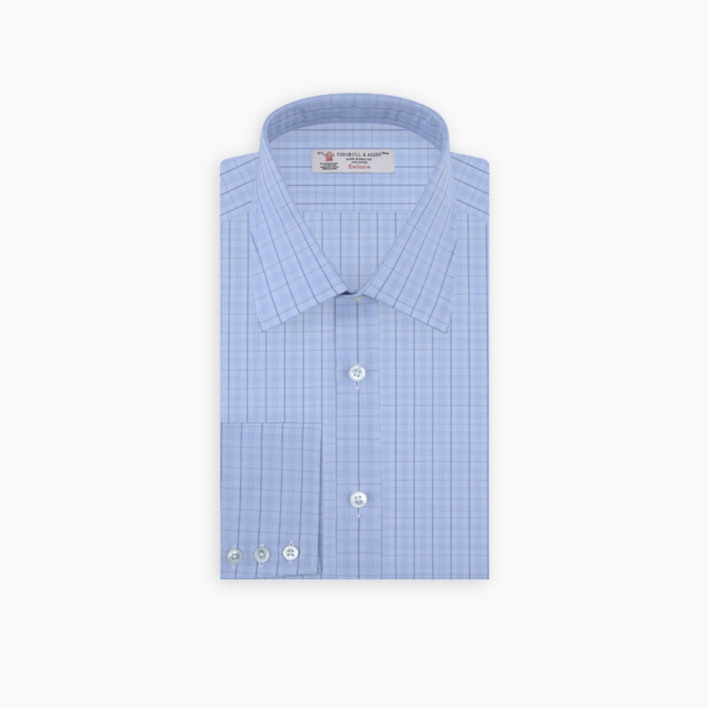 Blue Windowpane Check Shirt with T&A Collar and 3-Button Cuffs