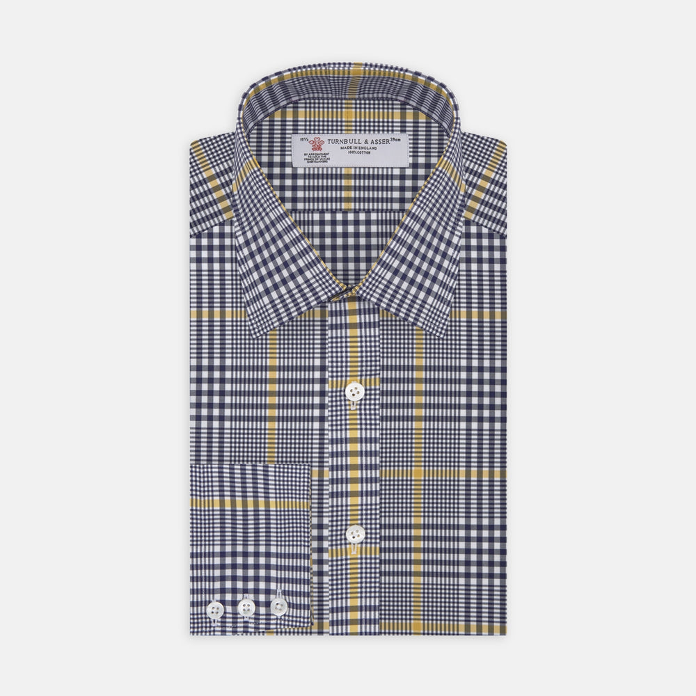 Navy and Yellow Archive Check Shirt with T&A Collar and 3-Button Cuffs