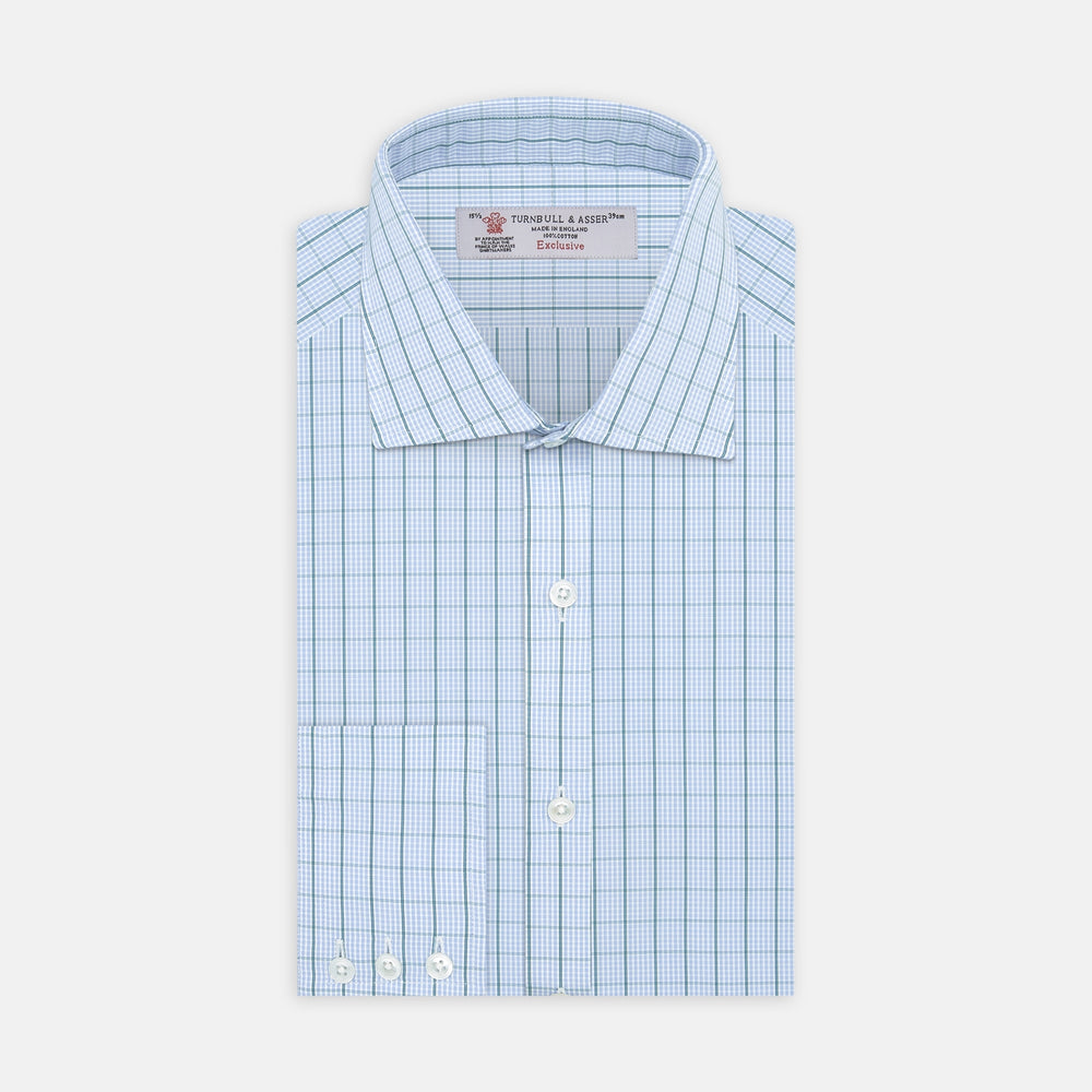 Sky Blue and Turquoise Pin Check Shirt with Regent Collar and 3-Button Cuffs