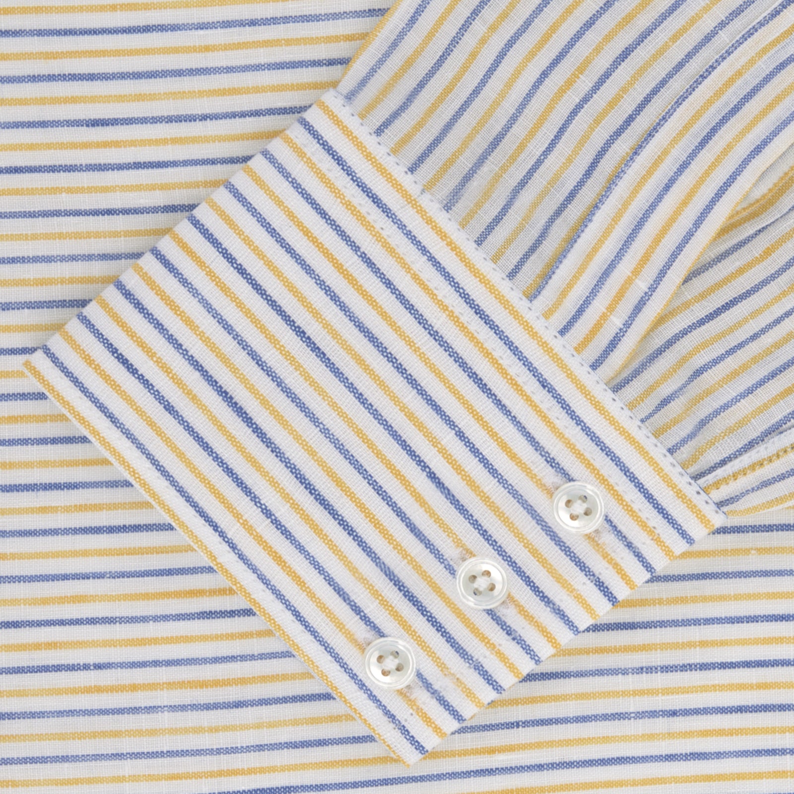 View 2 of product Yellow and Blue Ticking Stripe Linen Shirt with POW Collar and 3-Button Cuffs
