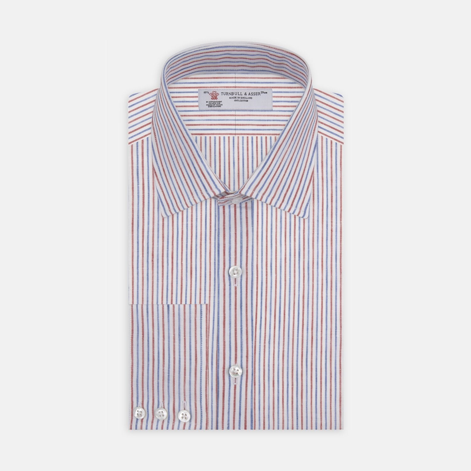 View 1 of product Red and Blue Ticking Stripe Linen Shirt with POW Collar and 3-Button Cuffs