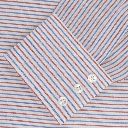 Red and Blue Ticking Stripe Linen Shirt with POW Collar and 3-Button Cuffs