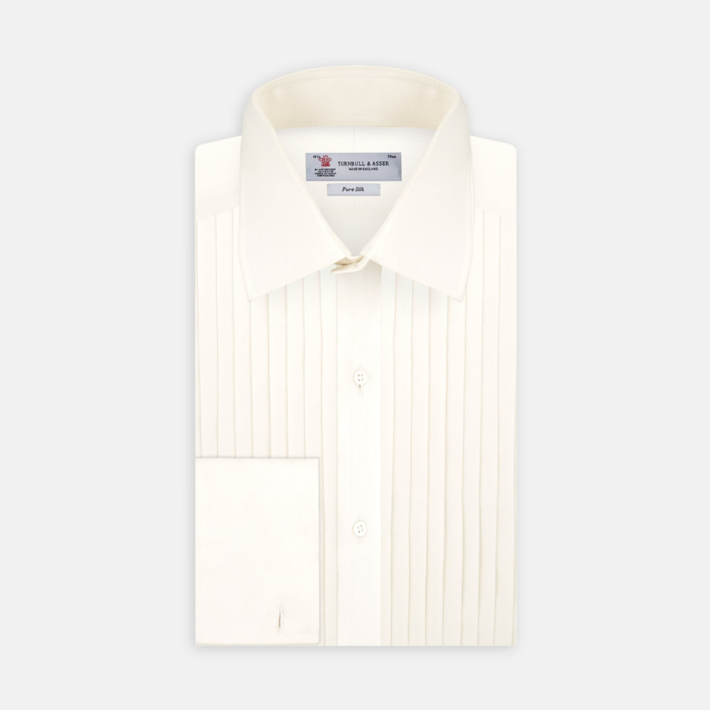Tailored Fit Cream Pleated Front Silk Dress dress shirt with T&A Collar and Double Cuffs | Turnbull & Asser Turnbull & Asser US Tailored Fit Cream Pleated Front Silk Dress dress shirt with T&A Collar and Double Cuffs | Turnbull & Asser Turnbull & Asser US