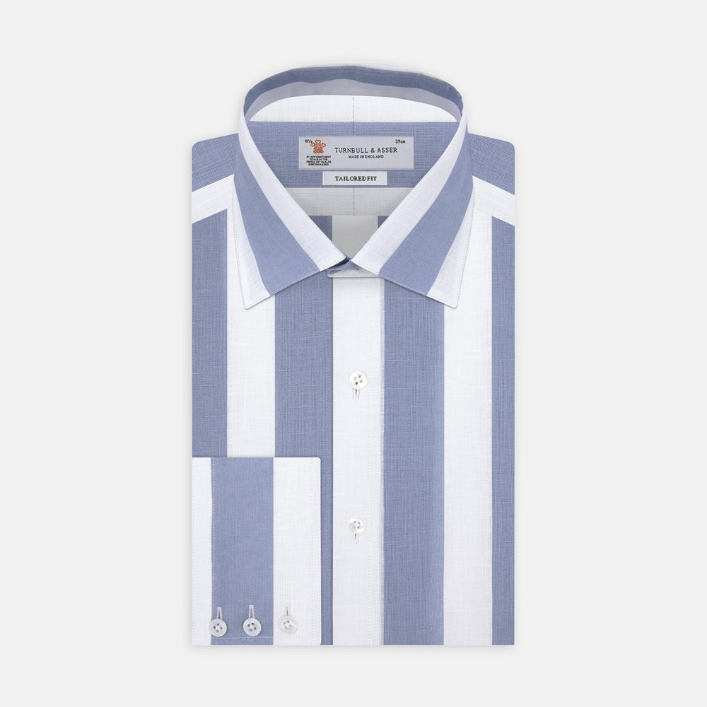 Tailored Fit Blue and White Stripe Linen Shirt with Concealed Button-Down Collar and Button Cuffs