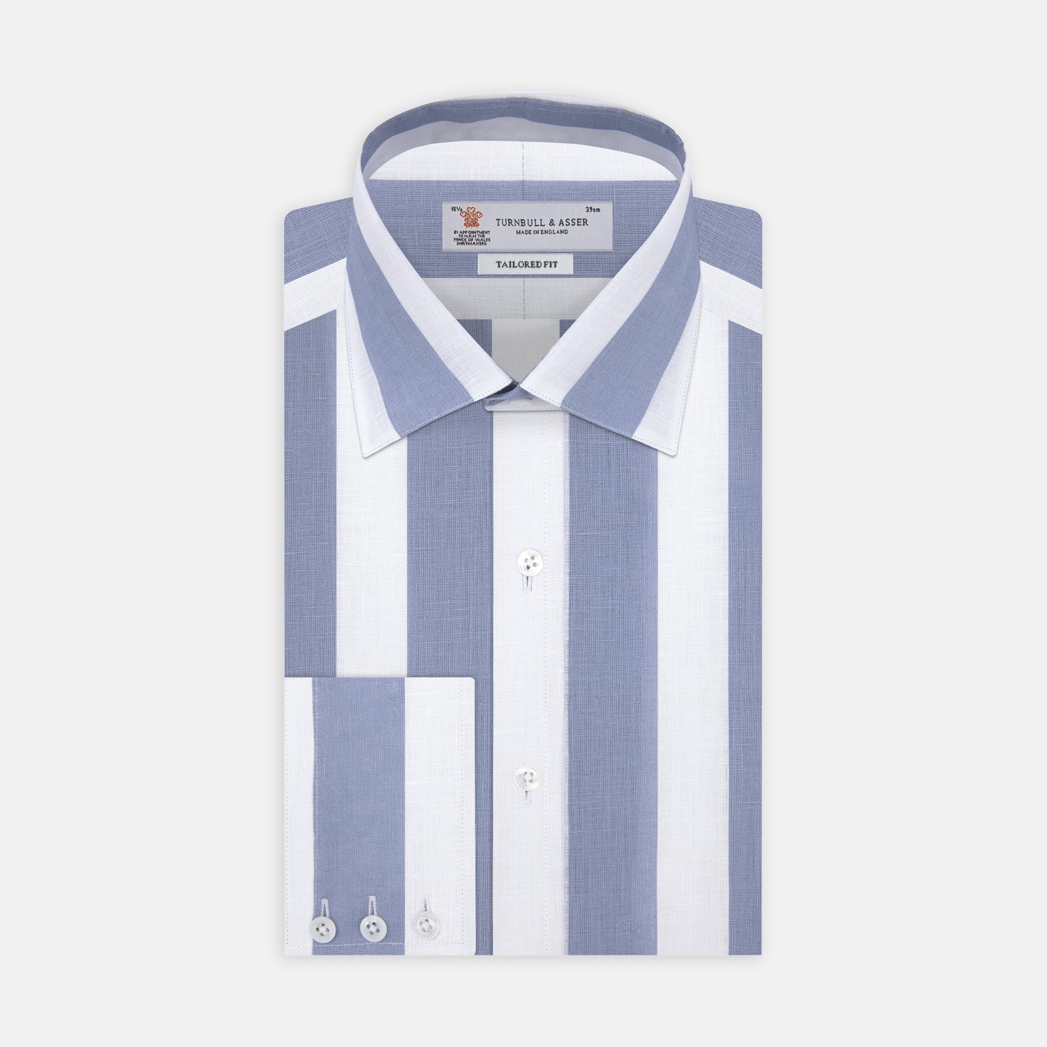 View 1 of product Tailored Fit Blue and White Stripe Linen Shirt with Concealed Button-Down Collar and Button Cuffs