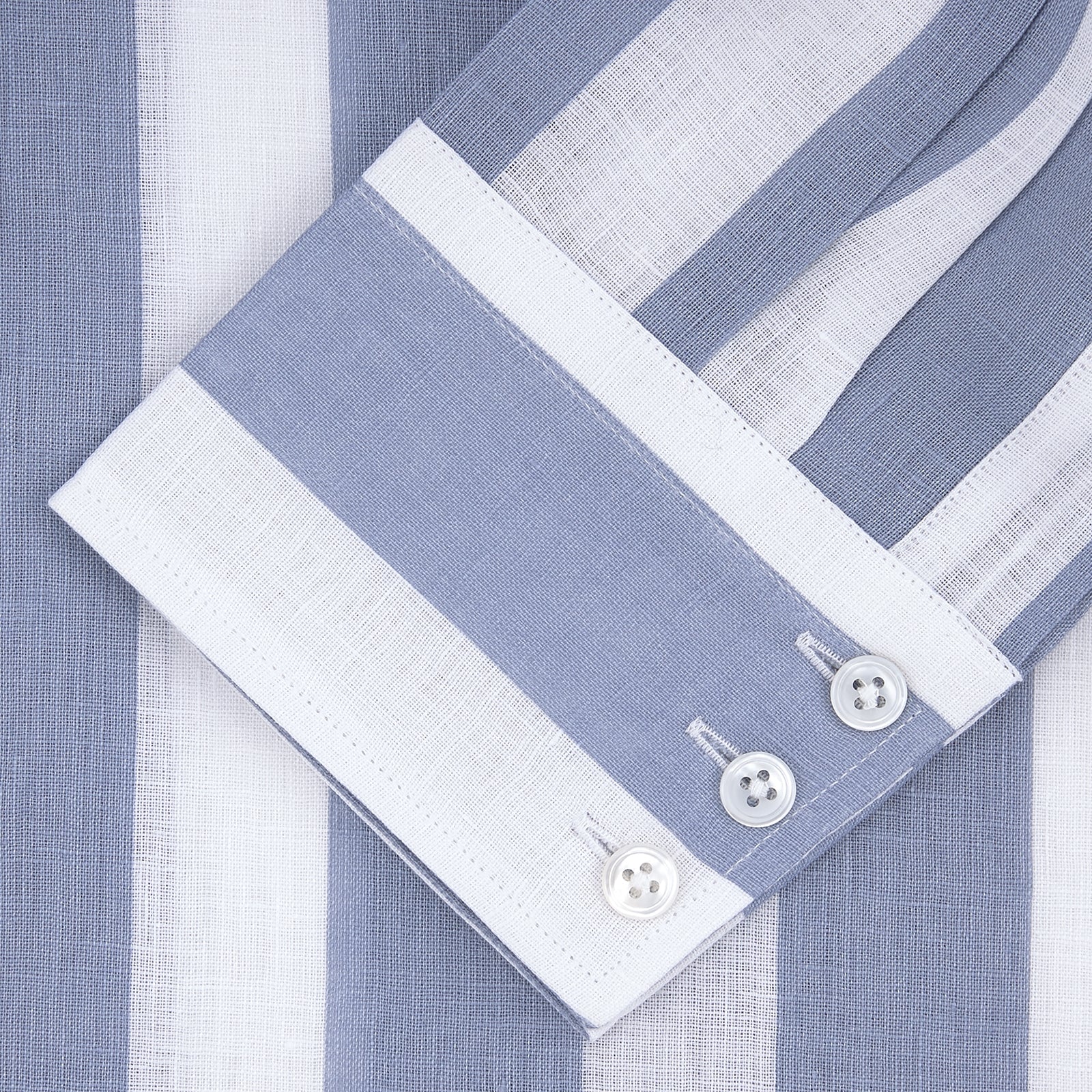 View 5 of product Tailored Fit Blue and White Stripe Linen Shirt with Concealed Button-Down Collar and Button Cuffs