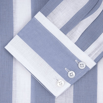 Tailored Fit Blue and White Stripe Linen Shirt with Concealed Button-Down Collar and Button Cuffs Image 4