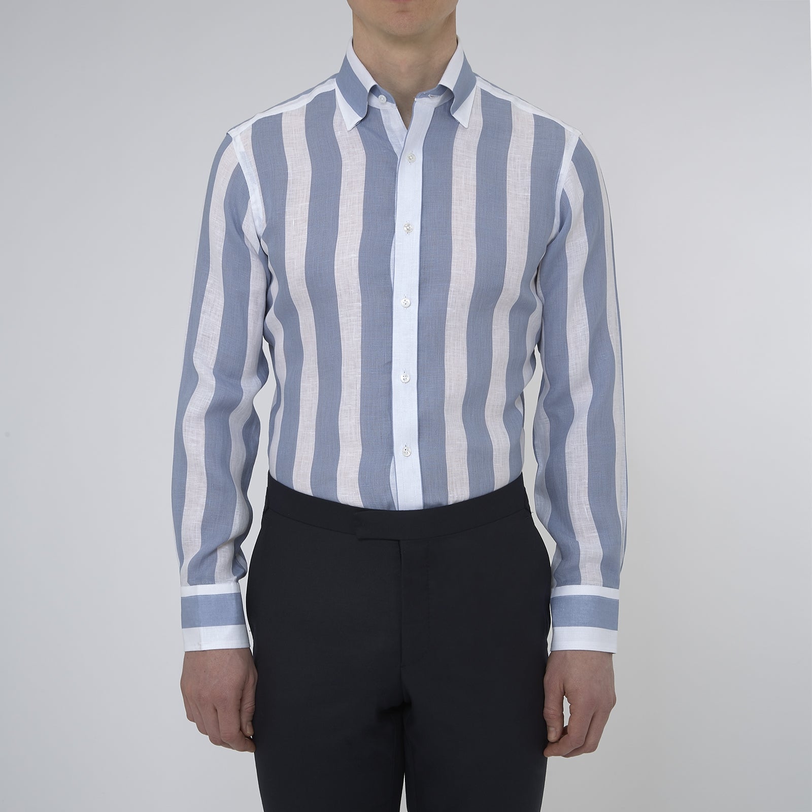 View 2 of product Tailored Fit Blue and White Stripe Linen Shirt with Concealed Button-Down Collar and Button Cuffs