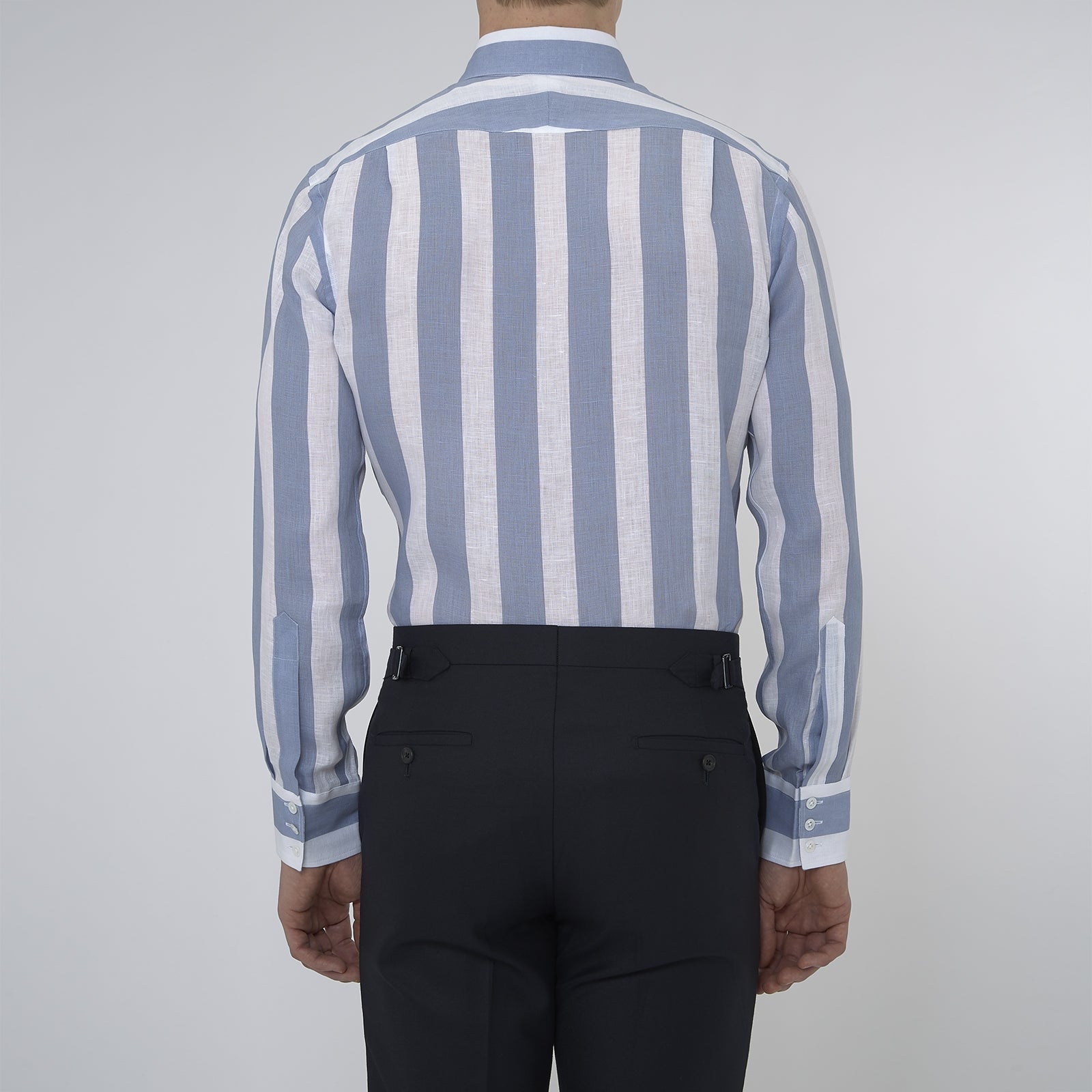 Tailored Fit Blue and White Stripe Linen Shirt with Concealed Button-Down Collar and Button Cuffs