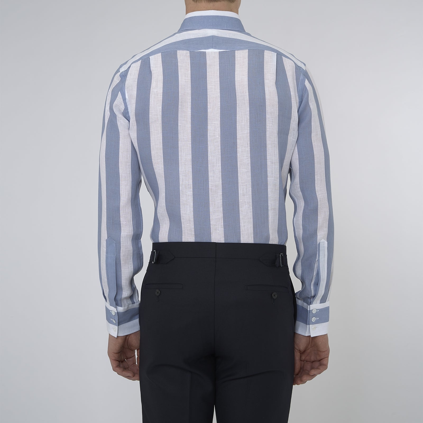 View 3 of product Tailored Fit Blue and White Stripe Linen Shirt with Concealed Button-Down Collar and Button Cuffs