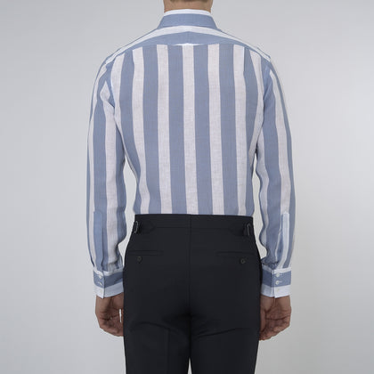Tailored Fit Blue and White Stripe Linen Shirt with Concealed Button-Down Collar and Button Cuffs Image 2