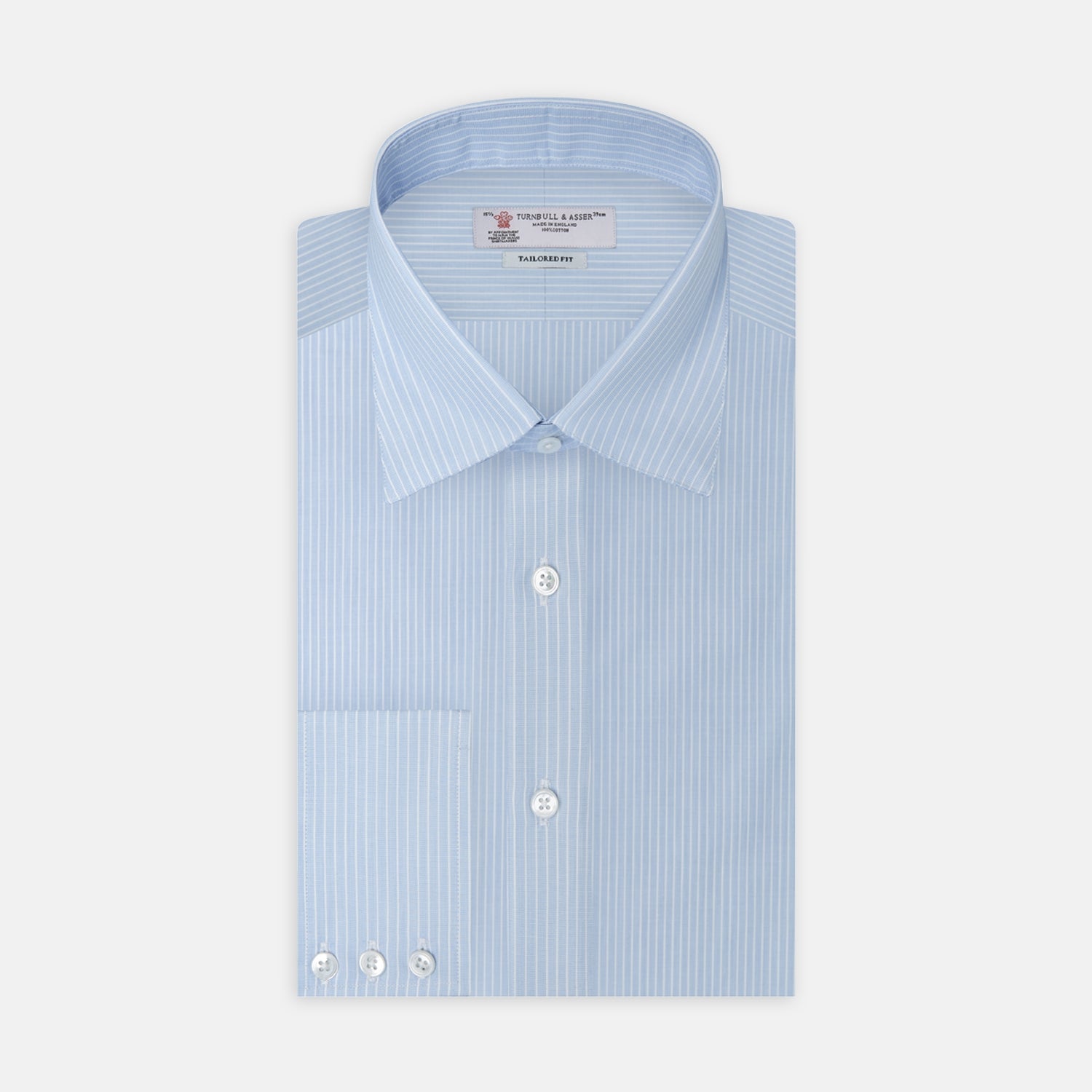 View 1 of product Tailored Fit Light Blue and White Pinstripe Shirt with Bury Collar and 3-Button Cuffs