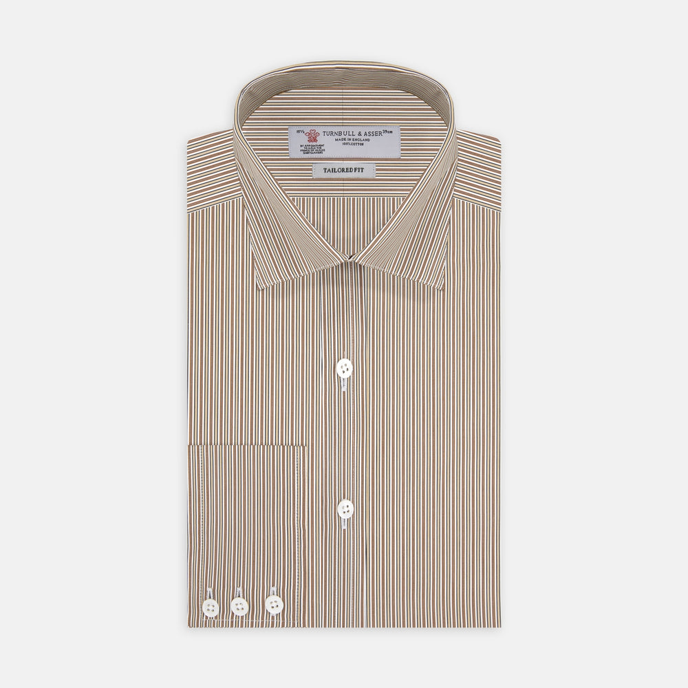 Tailored Fit Brown Fine Stripe dress shirt with Bury Collar and 3-Button Cuffs