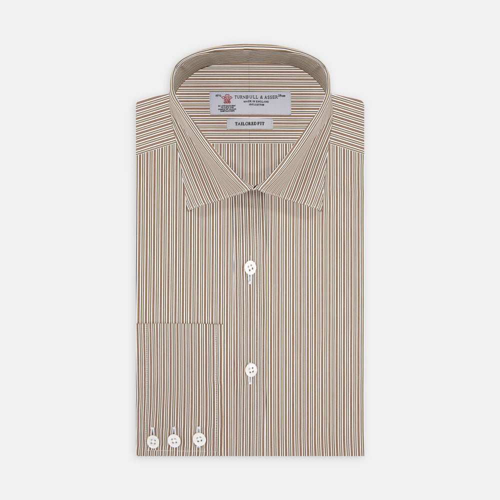 Tailored Fit Brown Fine Stripe Shirt with Bury Collar and 3-Button Cuffs