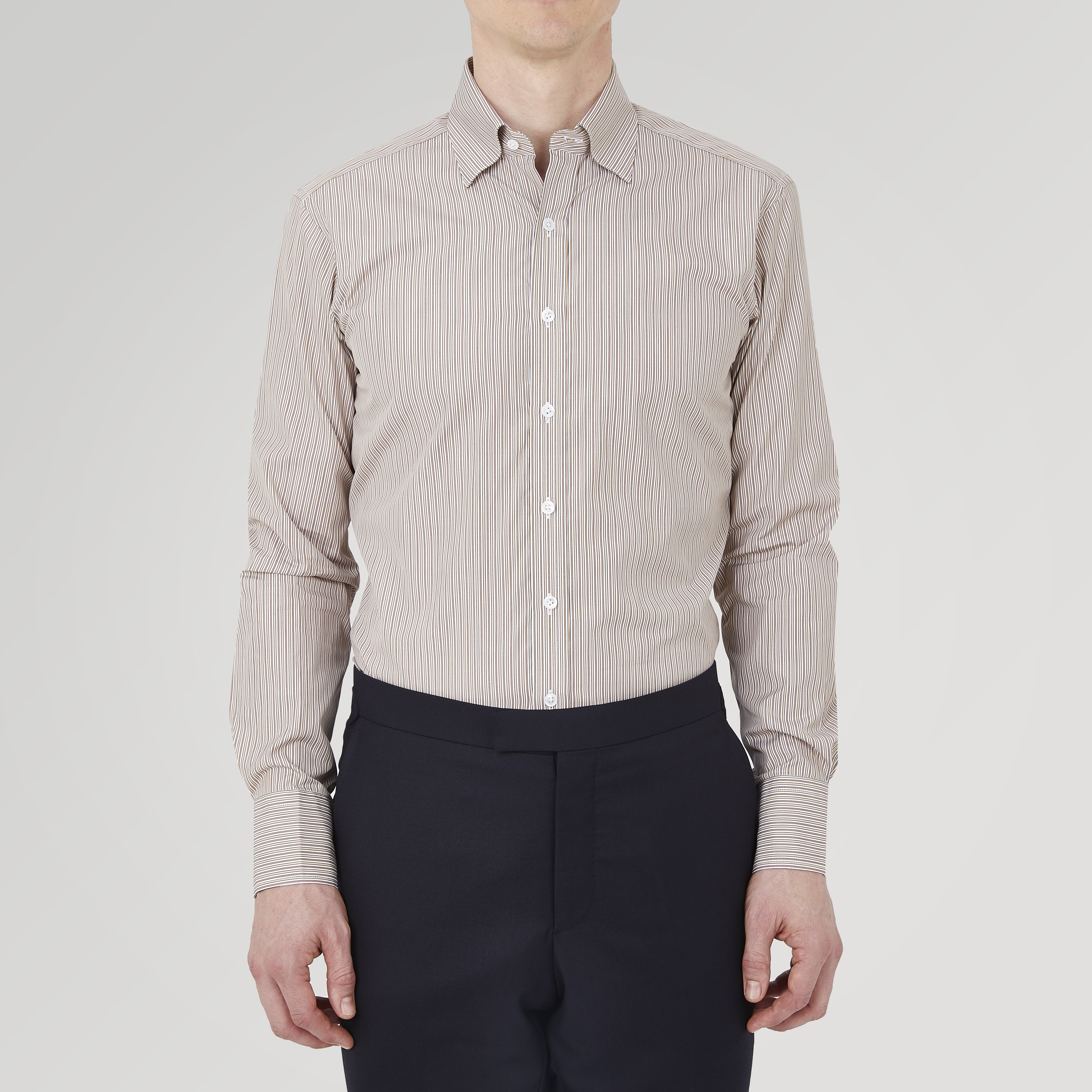 View 2 of product Tailored Fit Brown Fine Stripe Shirt with Bury Collar and 3-Button Cuffs