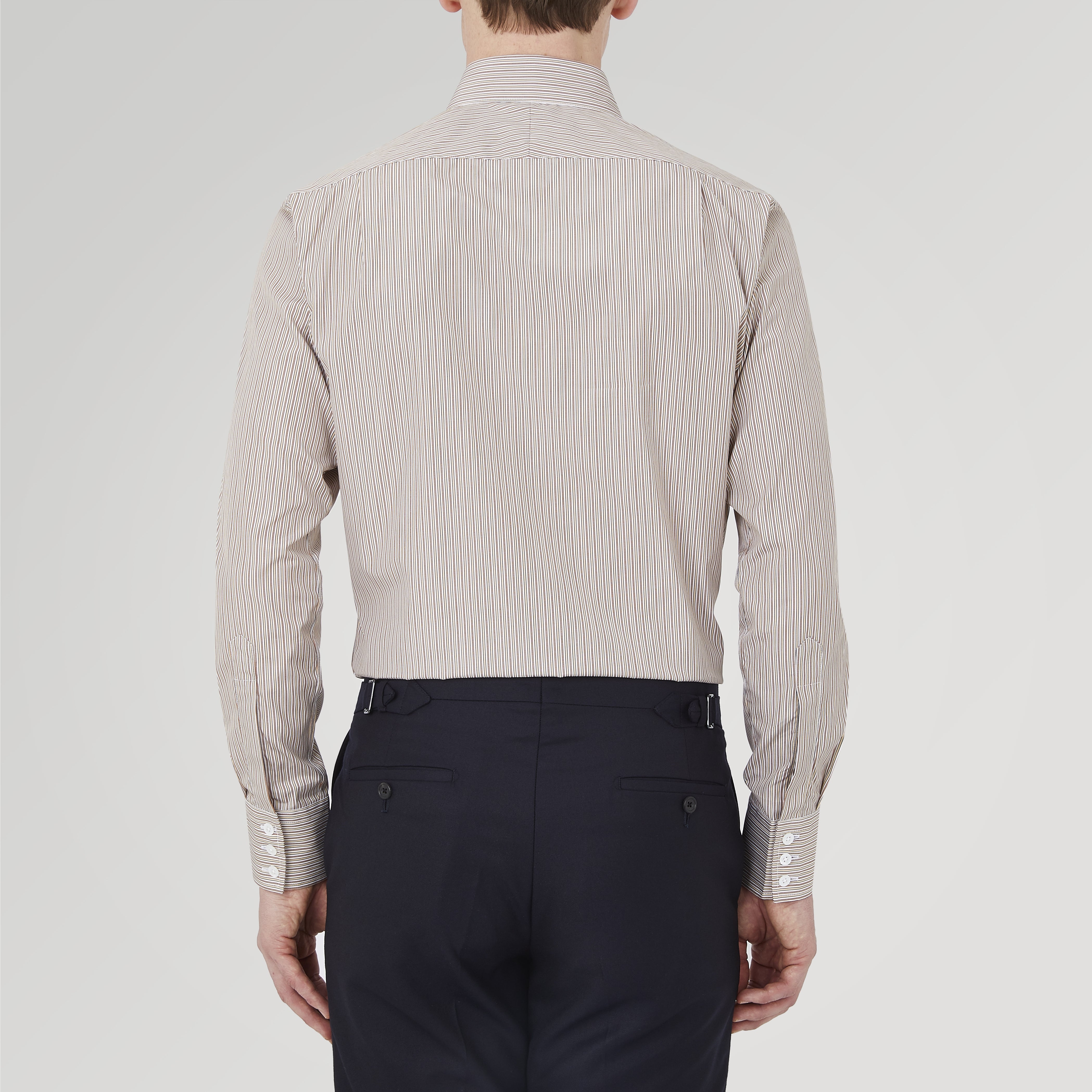 View 3 of product Tailored Fit Brown Fine Stripe Shirt with Bury Collar and 3-Button Cuffs