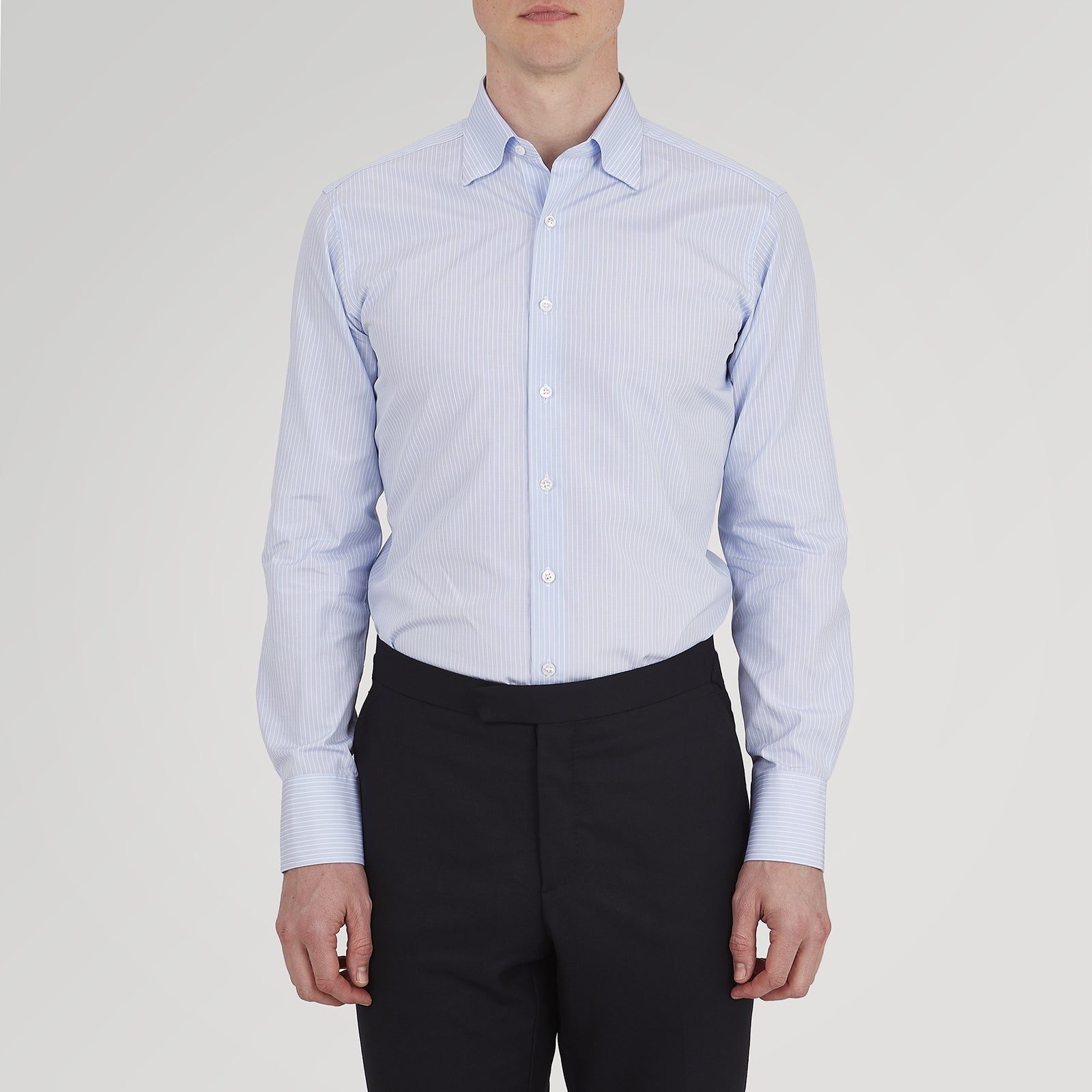 Tailored Fit Light Blue and White Pinstripe Shirt with Bury Collar and 3-Button Cuffs