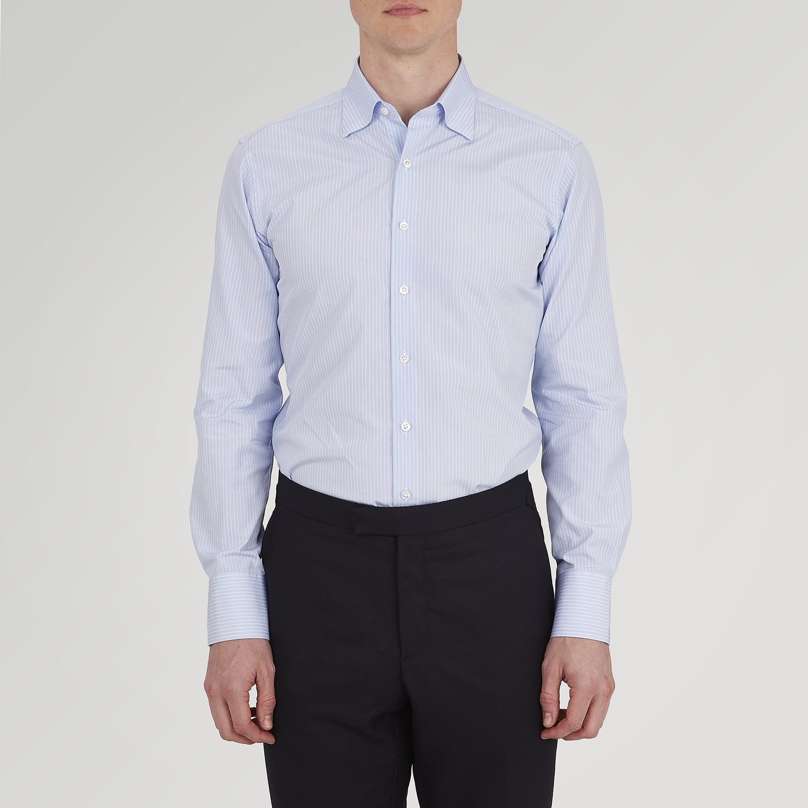 View 2 of product Tailored Fit Light Blue and White Pinstripe Shirt with Bury Collar and 3-Button Cuffs