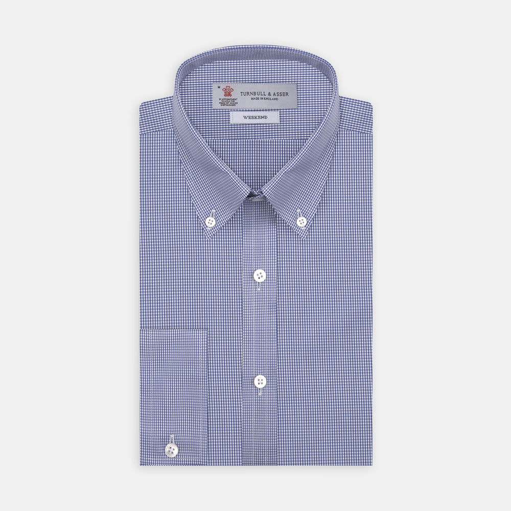 Weekend Fit Blue Puppytooth Shirt with Dorset Collar and 1-Button Cuffs