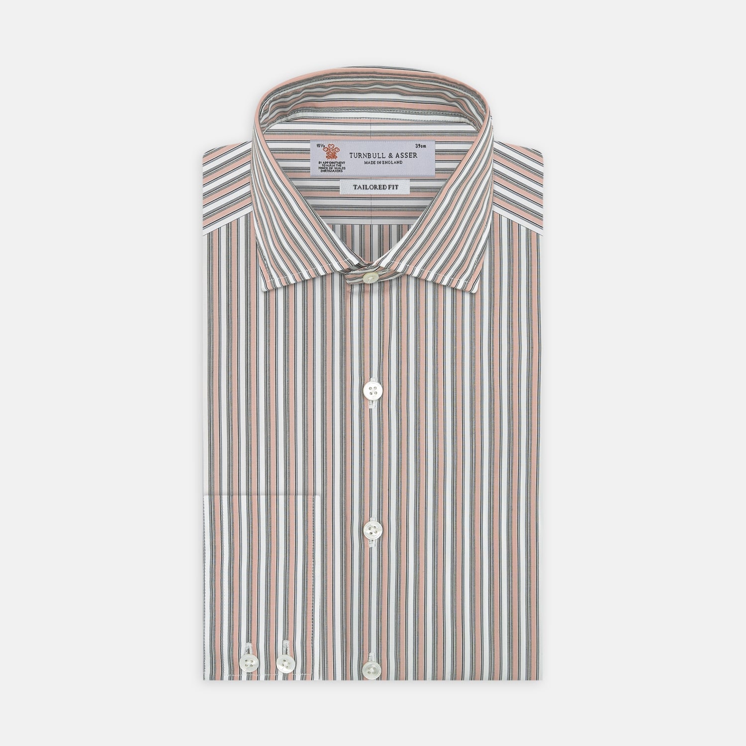 View 1 of product Tailored Fit Pink and Grey Drawing Stripe Shirt with Kent Collar and 2-Button Cuffs
