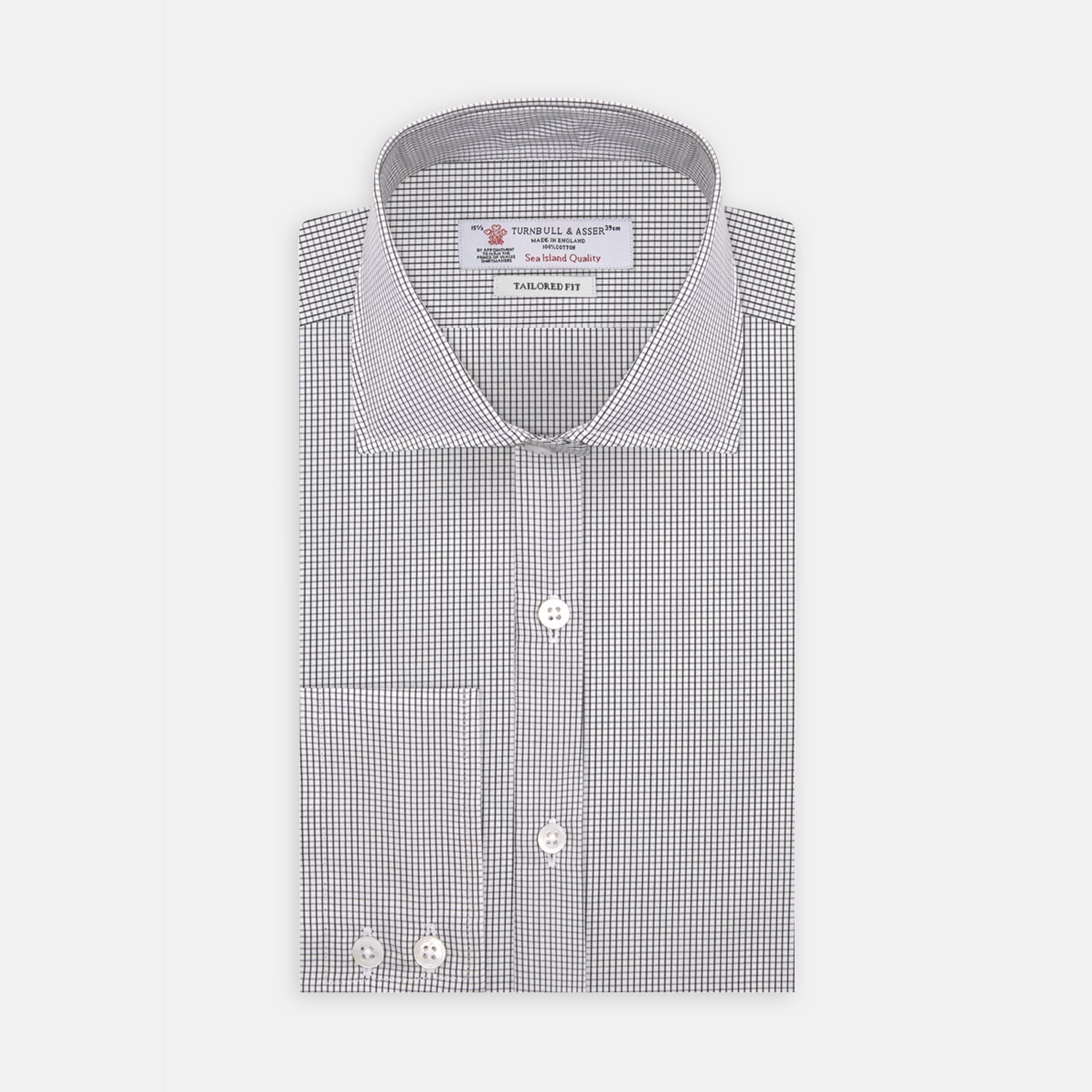 Tailored Fit Grey and White Small Check Shirt with Kent Collar and 2-Button Cuffs