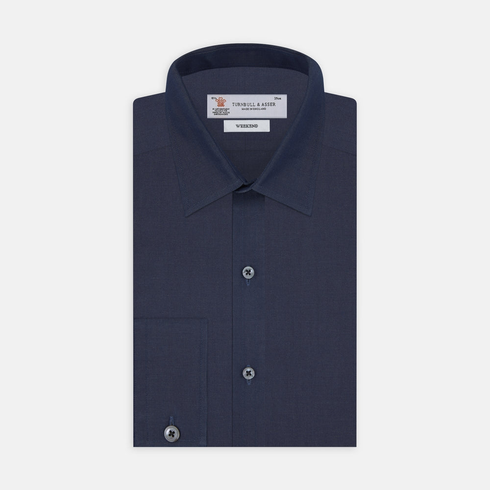 Weekend Fit Blue Cashmere Blend Shirt with Derby Collar and 1-Button Cuff