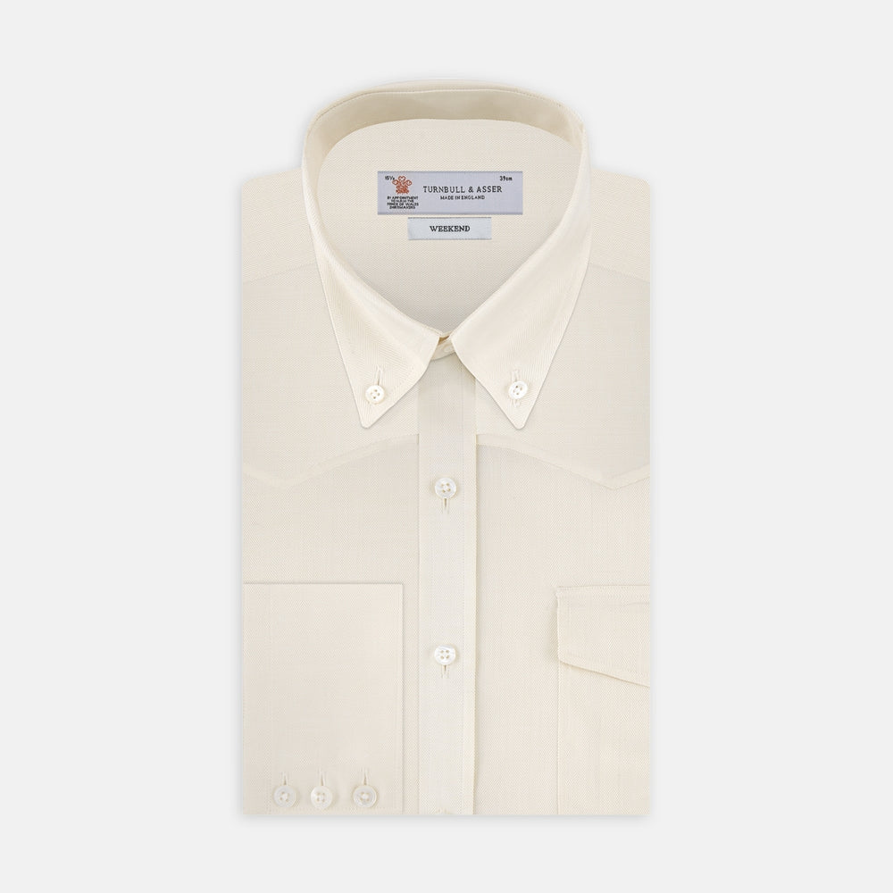 Weekend Fit Cream Herringbone Western dress shirt with Norfolk Collar and  Button Cuffs | Turnbull & Asser  Turnbull & Asser US
