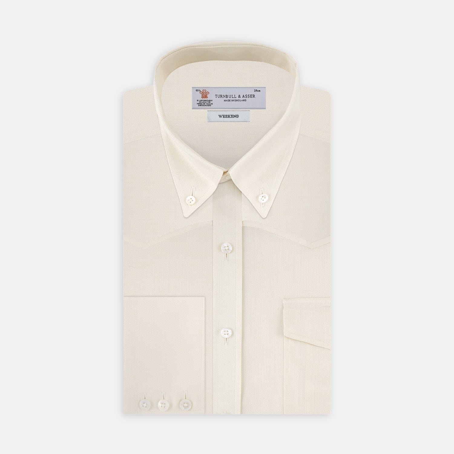 View 1 of product Weekend Fit Cream Herringbone Western Shirt with Norfolk Collar and Button Cuffs