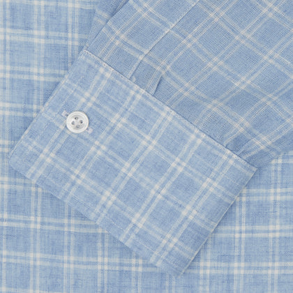 Weekend Fit Blue Plaid Linen Shirt with Derby Collar and 1-Button Cuffs Image 1
