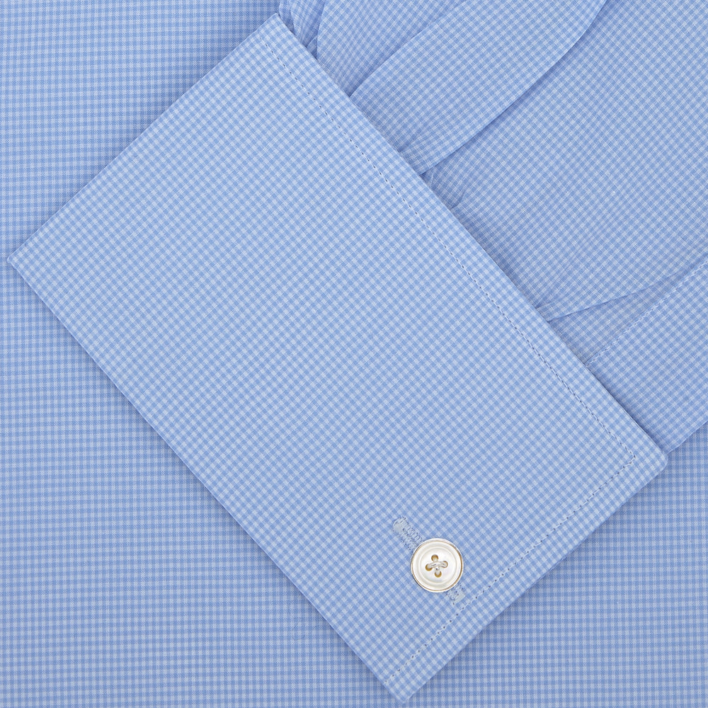 Sky Blue Micro-Check Shirt with T&amp;A Collar and Double Cuffs