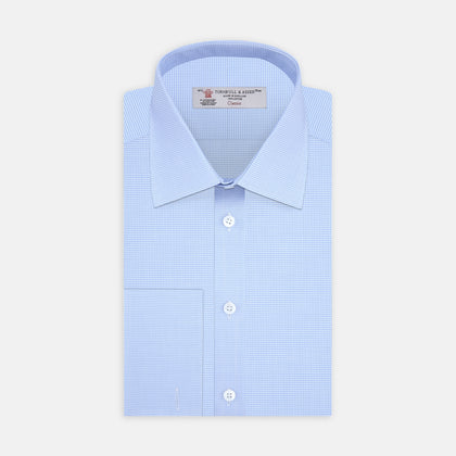 Sky Blue Micro-Check Shirt with T&A Collar and Double Cuffs
