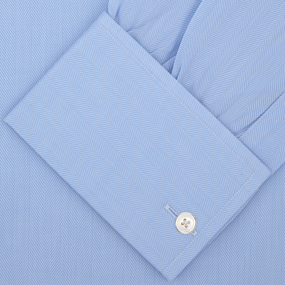 Light Blue Herringbone Superfine Cotton Shirt with T&A Collar and Double Cuffs