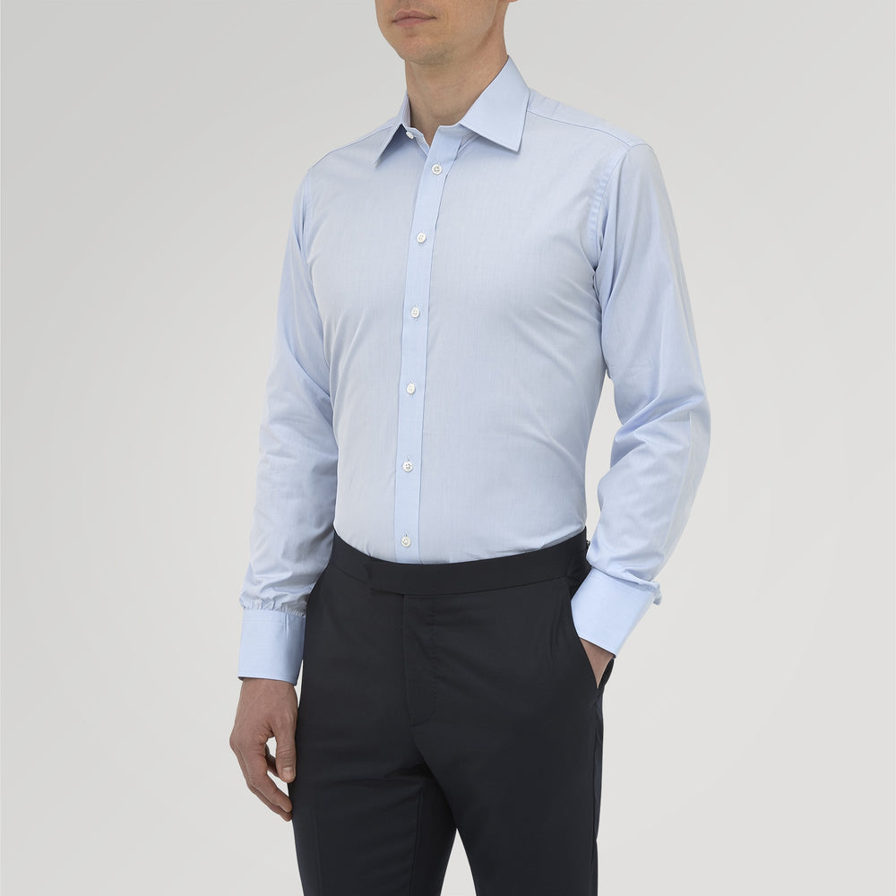 Blue West Indian Sea Island Cotton Shirt with T&amp;A Collar and 3-Button Cuffs